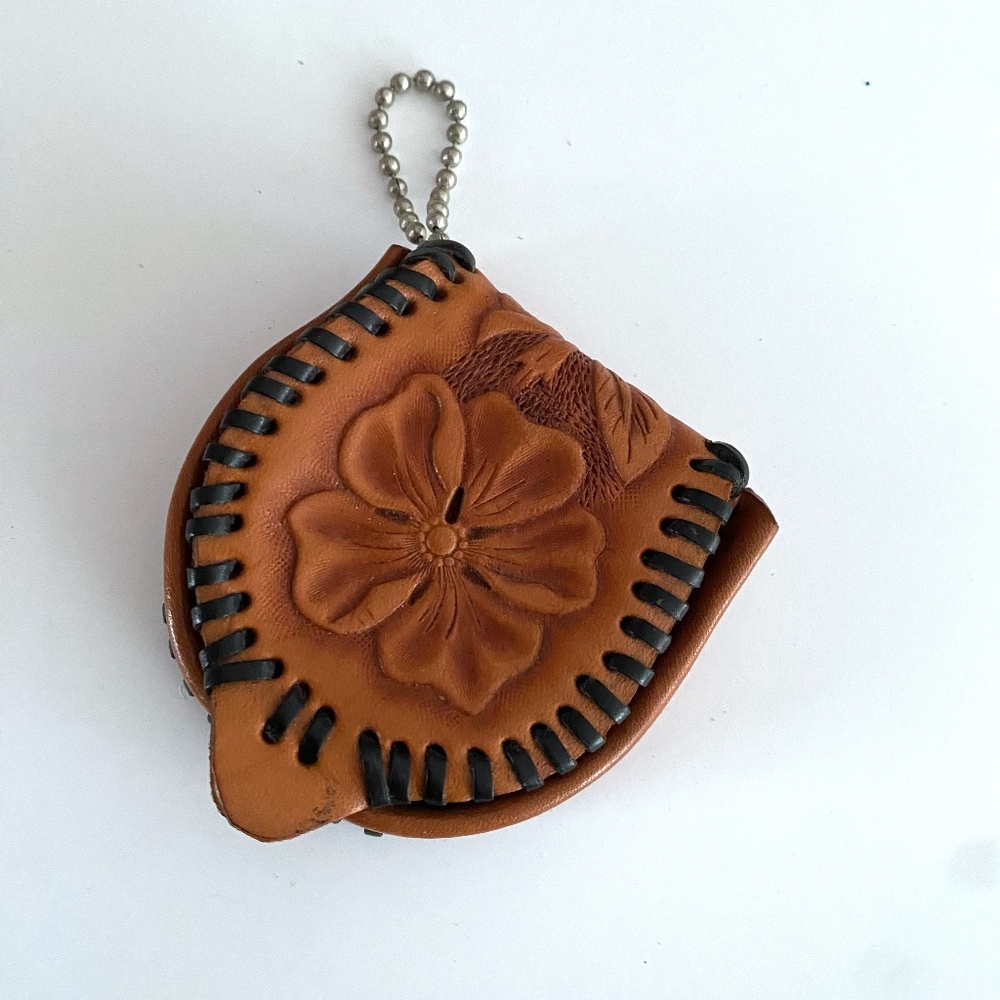 Vintage 70s Tooled Leather Coin Purse Charm Handmade Western